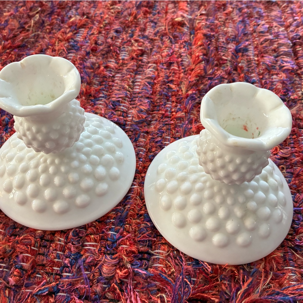 Fenton White Hobnail Candle Holders